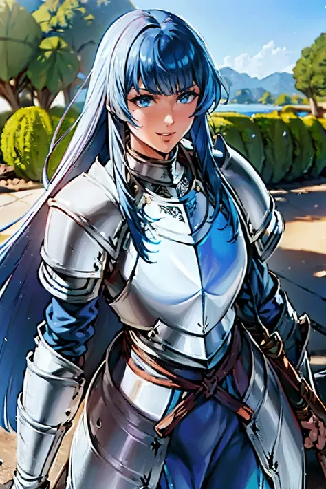 (((unshaded image, unshaded face, unshaded armor:1.3))), masterpiece, best quality, 1girl, solo, adult face, fearless face, deep blue hair, long hair, blunt bangs, blue eyes, (((silver plate armor:1.3))), blue detachable collar, shoulder armor, belt, pauld...