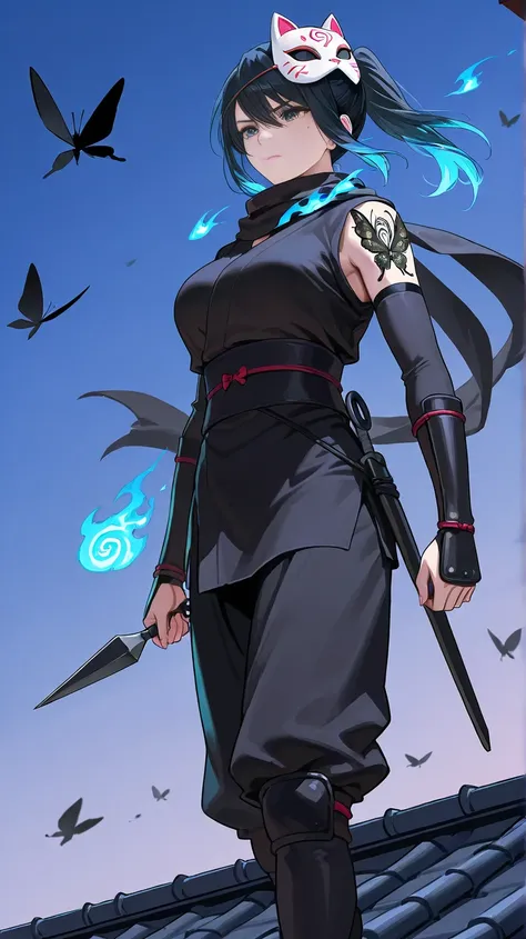  Kunoichi,  adult woman, black outfit,Kunai, serious expression, blue sky hair, mask on head, cat mask , Standing on the roof at night , black butterfly tattoo, Blue flames swirl around, Scarf fluttering in the wind , side view 