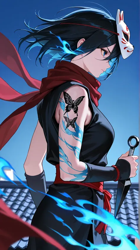  Kunoichi,  adult woman, black outfit,Kunai, serious expression, blue sky hair, mask on head, cat mask , Standing on the roof at night , black butterfly tattoo, Blue flames swirl around, Scarf fluttering in the wind , side view 