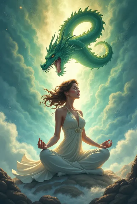 Generate me an image where a dragon comes out of the soul of a woman and she is aware of her potential.. make it in 2d cartoon form