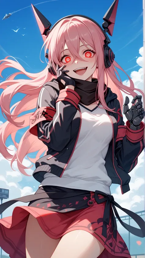 1girl, hair between eyes, red eyes, pink hair, long hair, multicolored hair, two-tone hair, armband, black gloves, black jacket, black scarf, black thighs, gloves, hair ornament, headgear, headphones, sarong, hood, hooded jacket, jacket, mechanical hand, r...