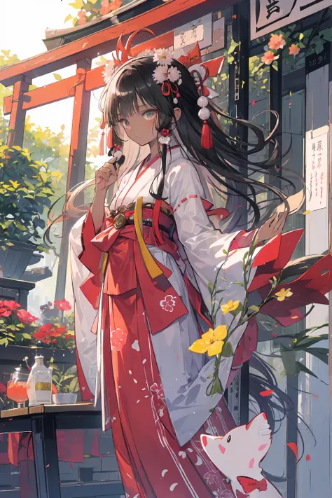 A small Shinto shrine maiden with long dark hair and dark skin,  ambereyes , A small Shinto shrine maiden with long dark hair taking care of flowers in a shrine garden . 