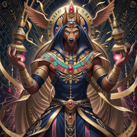 Tarot Card: The High Priest (Hierophant) – Anubis, Keeper of Mysteries A majestic Anubis, the ancient Egyptian god of the afterlife, stands in the center of the card, embodying the wisdom and authority of The High Priest (Hierophant). His form is a fusion ...