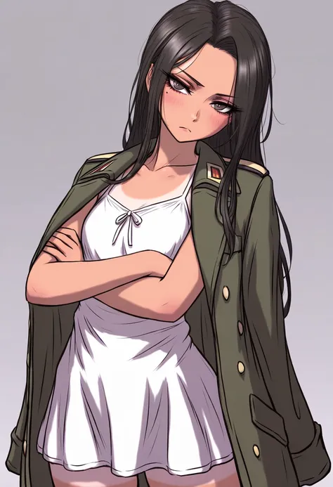 (by miata (miata8674)), 1girl, solo, black hair, curtained hair, forehead, long hair, dark brown eyes, mole under right eye, single mole, tan, shorts tan, shirt tan, tan lines, young girl, petite, white chemise dress, military coat, green coat, long coat, ...