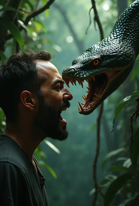 Image of a snake attacking a man's forehead