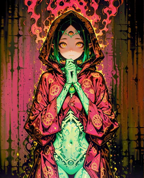 A mesmerizing fusion of impressionistic Monet-style brushwork with intricate detailing inspired by Harry Clarke and Santiago Caruso. The artwork portrays a mystical figure with a third eye on the forehead, short hair, and pointed ears, draped in flowing ro...