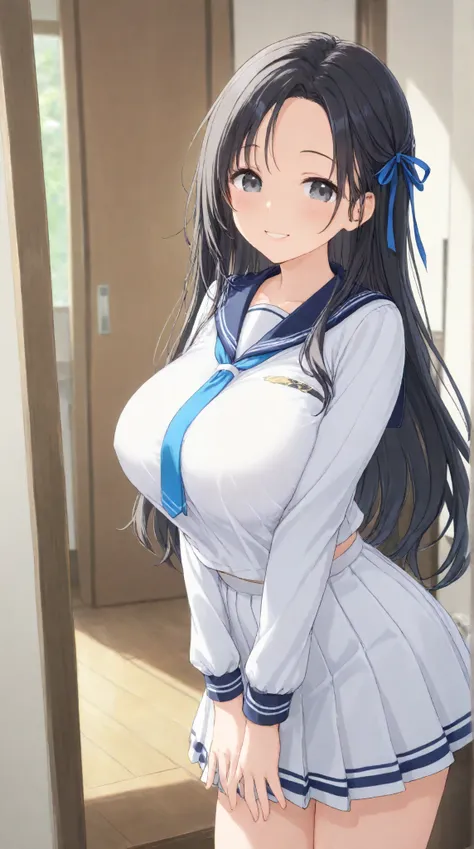 Big Breasts,    、  morning、 navy blue sailor suit、 pleated skirt、room、（morning起こしに来る）、long hair,   black hair , bangs,    ,  smile,  ,  smiles,   , （One girl 1.5）, （ blue ribbon）、（ 1.5）solo, 