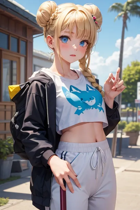 Character. Asian,with Scandinavian traits. Proportional head.Female. Blonde hair, in twin buns and braids,bangs.. Bright blue eyes. Tall, 5'6". Athletic. Anatomically Correct,  wearing, white sweatpants, violet t shirt, and sky blue crop top, wolf print ho...