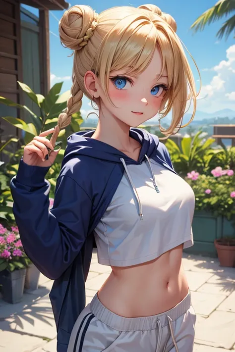 Character. Asian,with Scandinavian traits. Proportional head.Female. Blonde hair, in twin buns and braids,bangs.. Bright blue eyes. Tall, 5'6". Athletic. Anatomically Correct,  wearing, white sweatpants, violet t shirt, and sky blue crop top, wolf print ho...