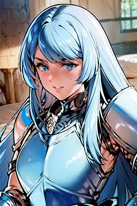 (((unshaded image, unshaded face, unshaded armor, face fully illuminated:1.3))), masterpiece, best quality, 1girl, solo, adult face, fearless face, deep blue hair, long hair, blunt bangs, blue eyes, (((silver plate armor:1.3))), blue detachable collar, sho...