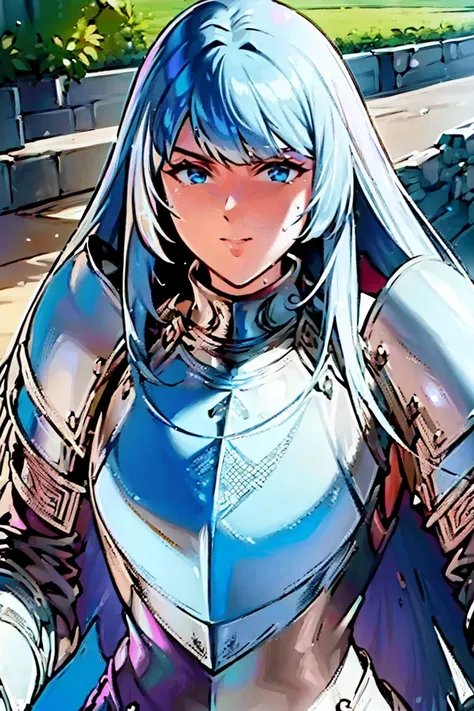 (((unshaded image, unshaded face, unshaded armor, face fully illuminated:1.3))), masterpiece, best quality, 1girl, solo, adult face, fearless face, deep blue hair, long hair, blunt bangs, blue eyes, (((silver plate armor:1.3))), blue detachable collar, sho...