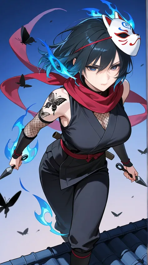  Kunoichi,  adult woman, black outfit,Kunai, serious expression, blue sky hair, mask on head, cat mask , Standing on the roof at night , black butterfly tattoo, Blue flames swirl around, Scarf fluttering in the wind , High angle