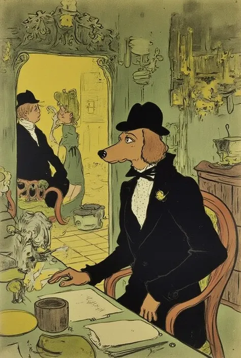 detective dog, rendered in a stylized, Art Nouveau style typical of the era, with a pastel color palette dominated by shades of green, yellow, and brown