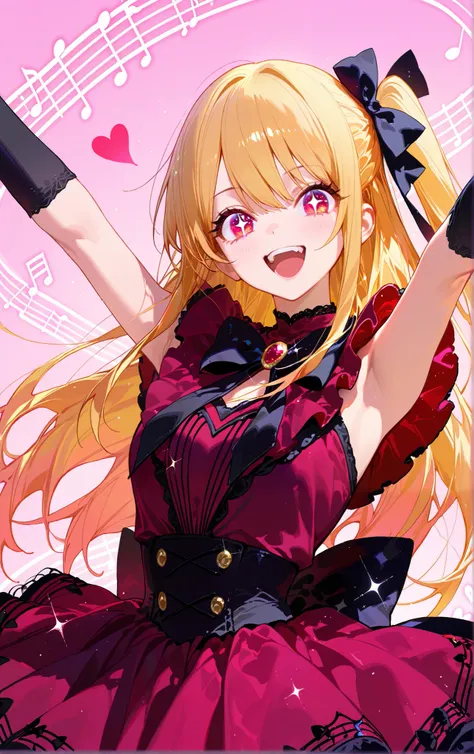 [z3zz4, ask \(askzy\), modare:0.221],1girl, Hoshino Ruby, open_mouth, looking_at_viewer, heart,bangs, :d, bow, ribbon, teeth, skirt,  hair_ribbon, pink_background, gloves, hair_bow, floating_hair, black_bow, sparkling eyes, happy,jewelry, 90°,armpit,black_...