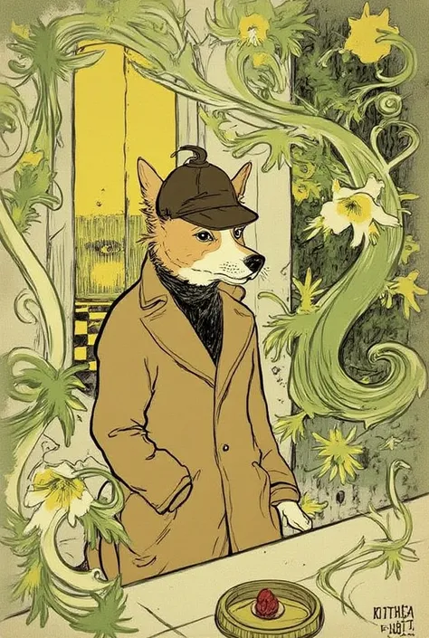 detective small dog, rendered in a stylized, Art Nouveau style typical of the era, with a pastel color palette dominated by shades of green, yellow, and brown, from front