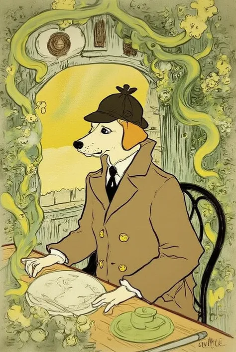 detective small dog, rendered in a stylized, Art Nouveau style typical of the era, with a pastel color palette dominated by shades of green, yellow, and brown, from front