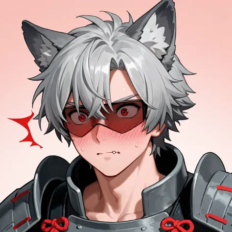 Semi-human male werewolf gray hair,  surprised ,  red eyes, Japanese gray armor with shades of red ,  wolf ears, blushing,  blushed cheeks 