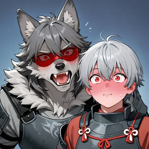 Semi-human male werewolf gray hair,  surprised ,  red eyes, Japanese gray armor with shades of red ,  wolf ears, blushing,  blushed cheeks 