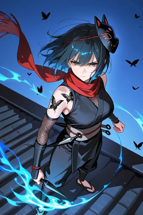  Kunoichi,  adult woman, black outfit,Kunai, serious expression, blue sky hair, mask on head, cat mask , Standing on the roof at night , black butterfly tattoo, Blue flames swirl around, Scarf fluttering in the wind , High angle