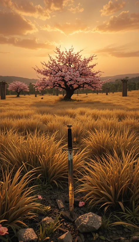 A vast field of golden grass sways gently beneath the setting sun, its beauty hiding the echoes of countless battles fought long ago. Ancient stone pillars, weathered and cracked, stand as silent witnesses to forgotten duels. Broken weapons and rusted armo...