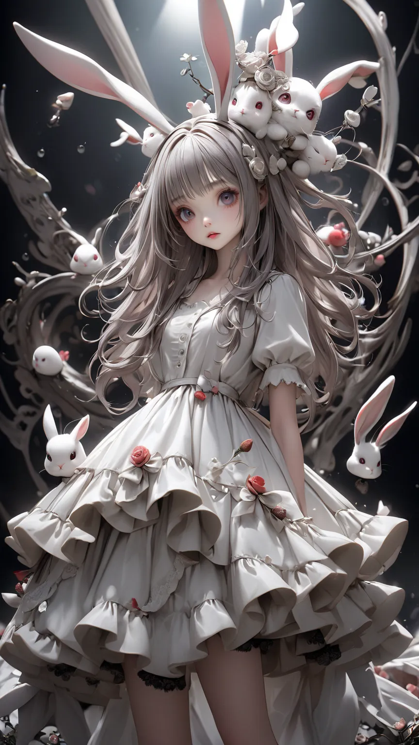 Tim Burton Style、extremely realistic、Three Dimensional、 A mix of rabbit and human girl、