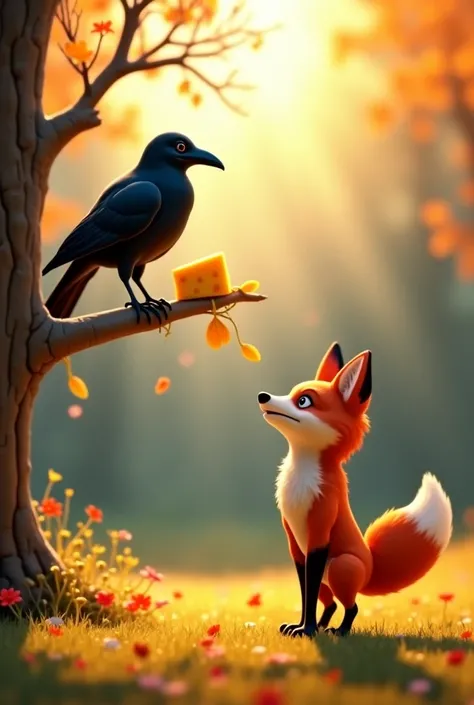 In cinematic 3D cartoon style"
1. "A Clever Crow and a Tricky Fox"
A crow finds a piece of cheese and perches on a high tree branch. A hungry fox sees her and wants the cheese. Using his cunning, he tries to trick the crow into dropping it. But the crow is...