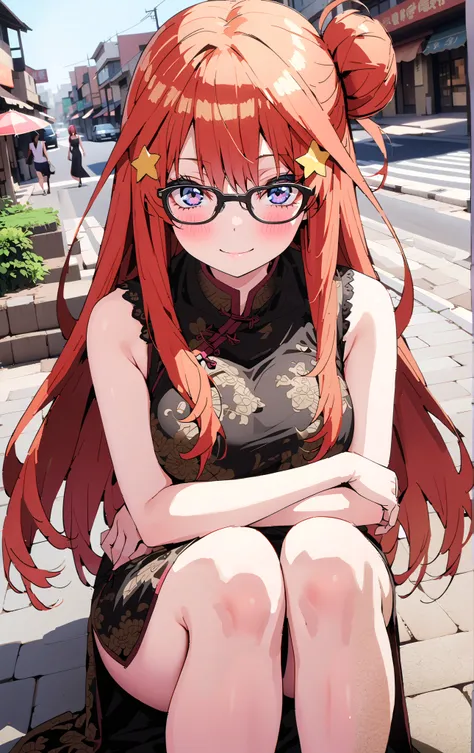 Nakano Mizuki ,  long hair,  blue eyes,  hair ornament,  red hair,  hair bun , star (  symbol ), Lick the boy's penis with half-framed glasses ,  glasses under the rim, star  hair ornament, smile,blush,sleeveless red china clothes,Big Breasts,Long slit,Bar...