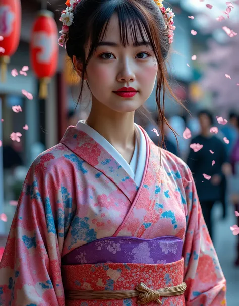 ((best quality)), ((masterpiece)), (detailed), a realistic japanese Beauty Woman, Wearing Yukata, At Street, Rinne Festival, Falling Cherry Blossom Flower, Winter Seasons, realistic Photos, 64K Quallity.


