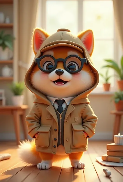 Personalized Very Cute White Shiva Dog Detective Wearing Detective Costume Cute 3D Cartoon Style。 accurate perfect anatomy structure 。Very delicate texture。 cartoon character。Clear and detailed animation 。 high quality的 cartoon character。 high quality。real...