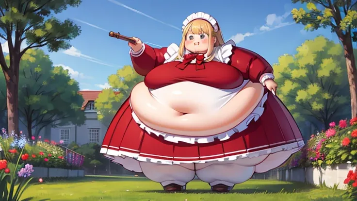 masterpiece,  best quality of wells, Advanced Details,  very obese ,  girls on the left,  cute,  sitting on the floor,  very obese ,  My stomach is very sticking out, very big legs , Standing in the garden ,  The entire dress completely covers the body.、(p...