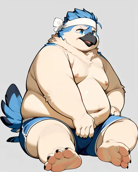 An anthro furry blue jay bird, chubby body, fat cheeks, white fur neck, medium beak(gray), white eyebrows, wearing white headband, obese belly, naked, gray background, feet, male, tears face, tail bird, blank gray background, sitting, blue jay fur, thick h...