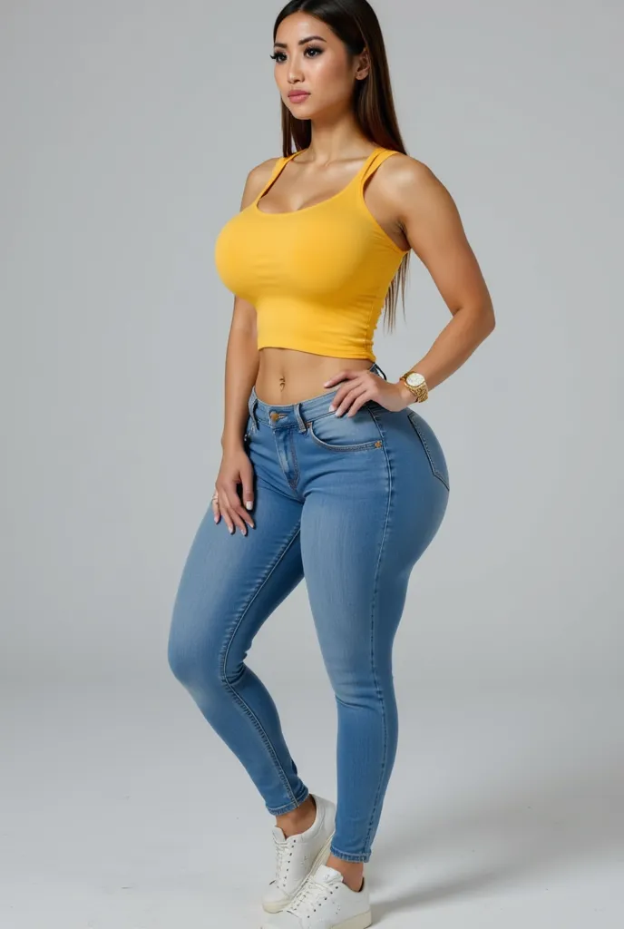 Full Body Photo、Standing in her full height、 Accurate、 8K HD High Quality Image、 A Vietnamese woman、 Super Tall in Height、 Wearing a yellow tank top、Tall 、 Very tight stretchy sky blue Skinny Jeans 、 Sneakers are made of gold、 Abs are cracked、 Navel is vis...