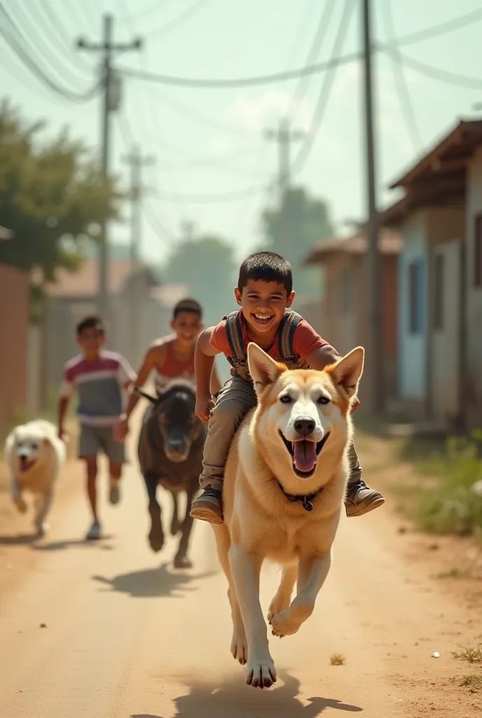 "A young boy with an excited and joyful expression rides a happy, energetic dog running down a village street. His friends chase behind him, laughing and having fun. The scene captures hood energy, happiness, and freedom. The village setting includes power...