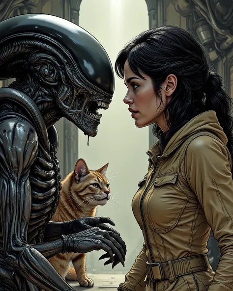 The perfect harmony dynamic duo The Xenomorph and Ellen Louise Ripley plus the fluffy grumpy ginger Mainecoon Cat, at The Nostromo Cargo space ship bay, insanely detailed and intricate scene background, Don Lawrence Style