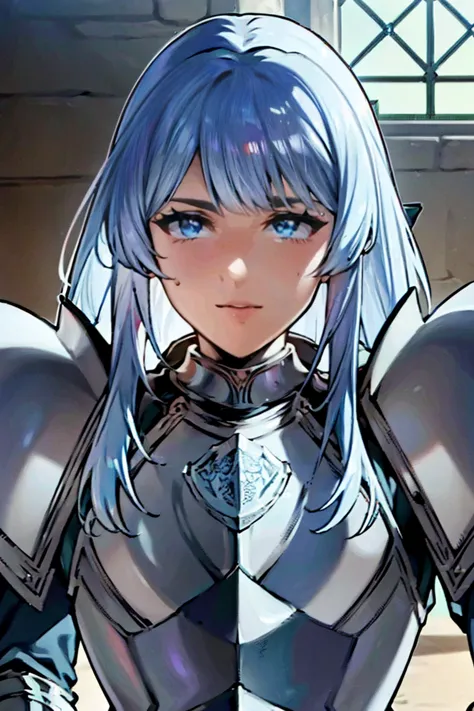 (((unshaded image, unshaded face, unshaded armor, face fully illuminated:1.3))), hyper detailed face, masterpiece, best quality, 1girl, solo, adult face, fearless face, deep dark blue hair, long hair, blunt bangs, blue eyes, (((silver plate armor:1.3))), b...