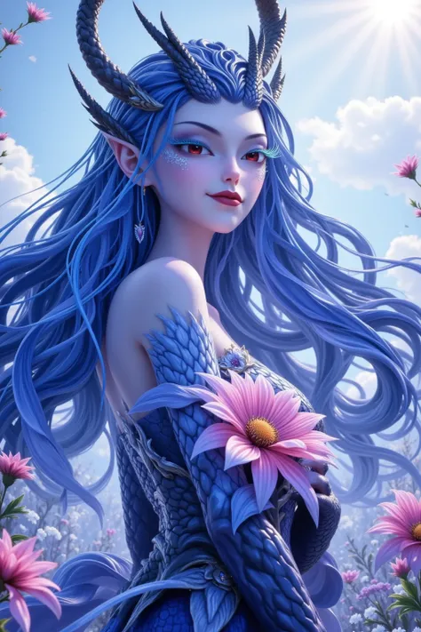  This image depicts a beautiful fantasy character with an otherworldly and magical temperament.  The character's amazing blue skin color and bright ,  A prominent pink flower near her shoulder . She has a large ,  with a pair of large ,   headgear with a b...