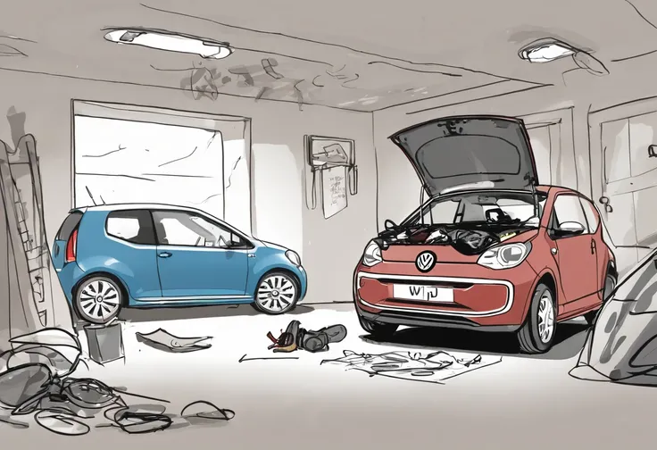 sketch, 25 year old obese man fixing a VW UP! in his dirty cluttered garage, high
 