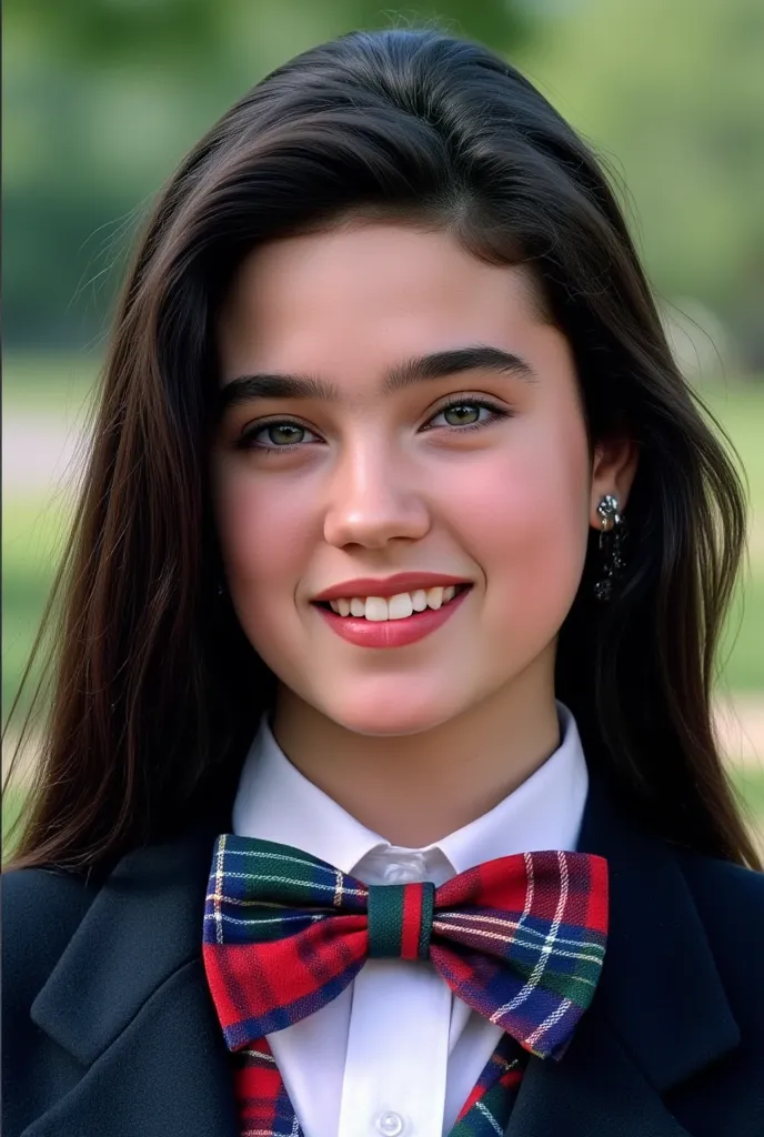 ( masterpiece,  top quality:1.3),  1 girl,  alone, 
 she wears a neatly trimmed high school uniform blazer, 、A plaid vest, 、I'm wearing a spotless shirt and a colorful bow tie that shines.,
15-year-old young Jennifer Connelly , 
  but a precocious female b...