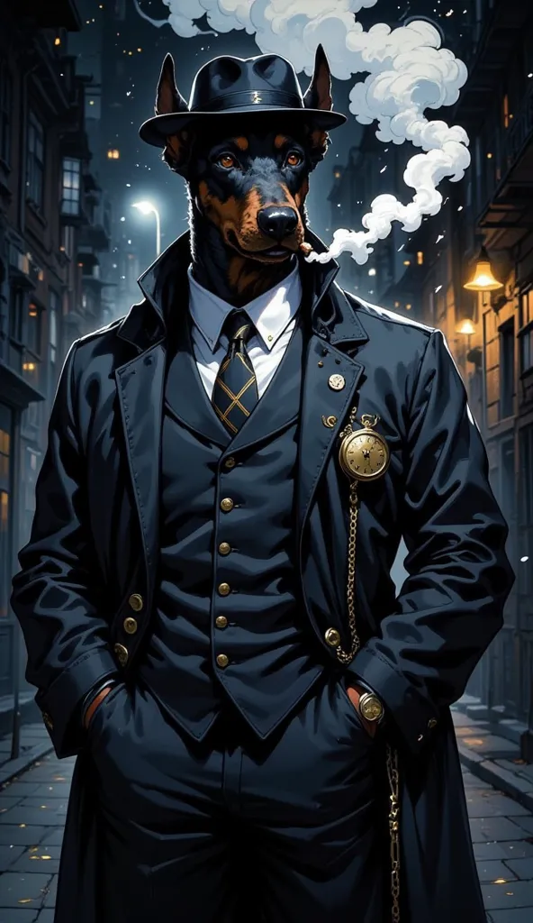 ultra-realism, masterpiece, best quality, a human-dog detective, black fur Dobermann, white shirt, black suit, navy long coat, navy hat, black gloves, smoking cigar, cigar on mouth, lots of white smoke, looking at viewer, hands on pocket, holding a gold ch...