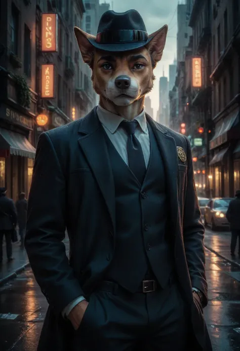  Create a caricature-style illustration of a detective dog with his feline companion in a futuristic city.  Both wear detective suits equipped with technological gadgets , in an urban environment illuminated by neons 