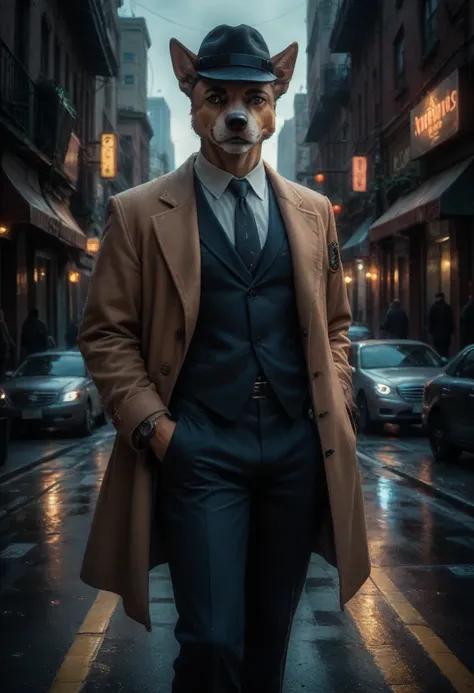  Create a caricature-style illustration of a detective dog with his feline companion in a futuristic city.  Both wear detective suits equipped with technological gadgets , in an urban environment illuminated by neons 