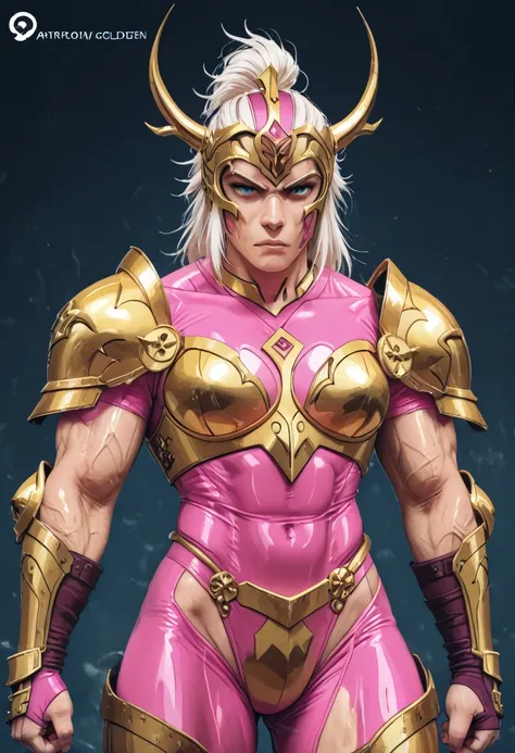 muscular complexion, Shiny golden armor with pink metallic details