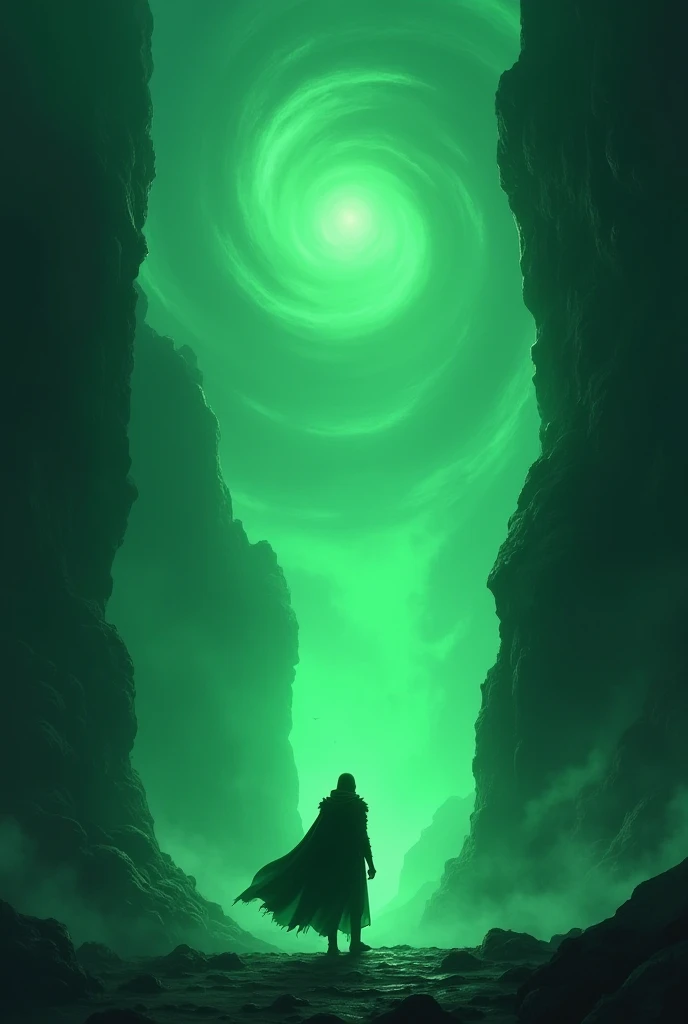 Epic fantasy novel cover, deep green swirling magic, a lone figure silhouetted against a glowing green chasm, title "Pristine: Decree of the King", high fantasy, dramatic lighting, mysterious, digital art, 8k, intricate details, artstation trendin