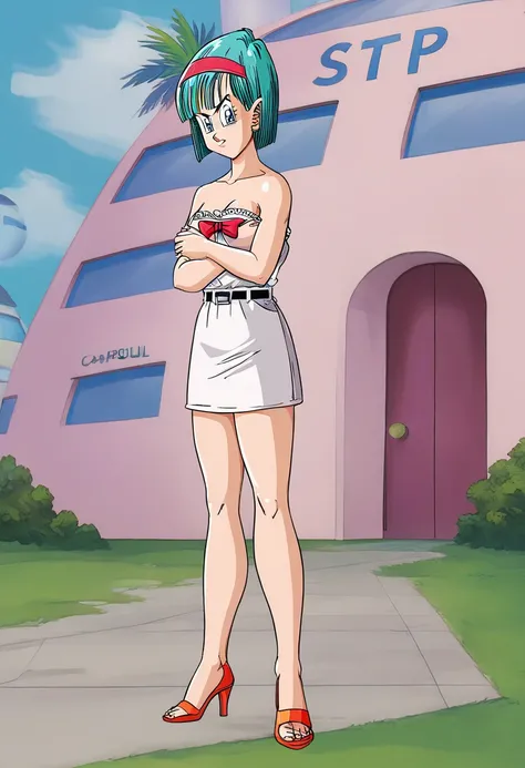 Bulma, Saga de los Androides ,  short hair, aquamarine hair, bob cut style .,  water colored hair , Bangs,  blue eyes, attire, de Saga de los Androides  color rosa, pink strapless shirt ,  Pink Pleated Skirt  ,  bare shoulders ,  front stop, serious guy.  ...