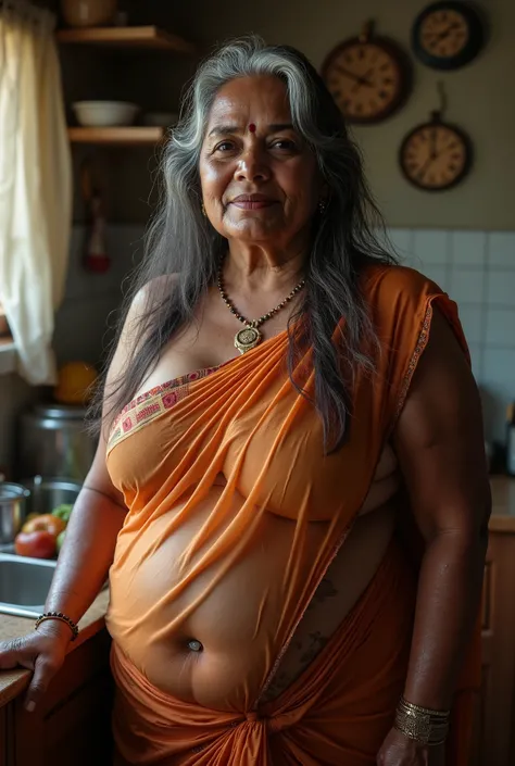 plus size dark indian mature women of 60 years old, long grey hairs, sensual with big breasts and wide hips, in kitchen room, wearing transparent wet saree, sleeveless wet blouse, pear shaped body, sweaty body, showing deep cleavage and navel, full creased...