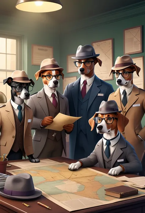  Create an illustration of a group of detective dogs in an old office.  Everyone wears investigator accessories  (glasses, hats and ties) while reviewing maps ,  clues and documents in a retro and mysterious environment 