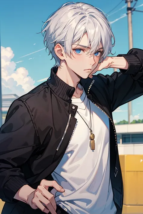 silver flat short hair，Blue Eyes，Indifferent Beautiful Boy，High school campus style