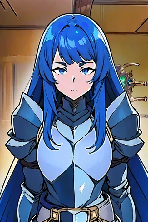 (((unshaded image, unshaded face, unshaded armor, face fully illuminated:1.3))), hyper detailed face, masterpiece, best quality, 1girl, solo, adult face, fearless face, deep dark blue hair, long hair, asymmetry bangs, swept bangs, blue eyes, (((silver plat...