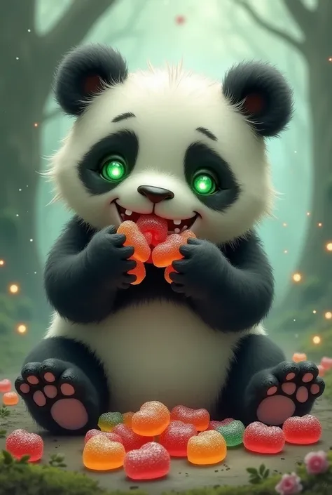 Make a zombie panda eating gummy beans and make him look cute