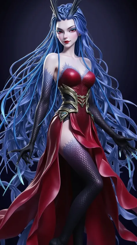 The silver-haired woman has red eyes ,  has an amazing figure and huge breasts ， is a blood queen who wears a completely blood red dress. 